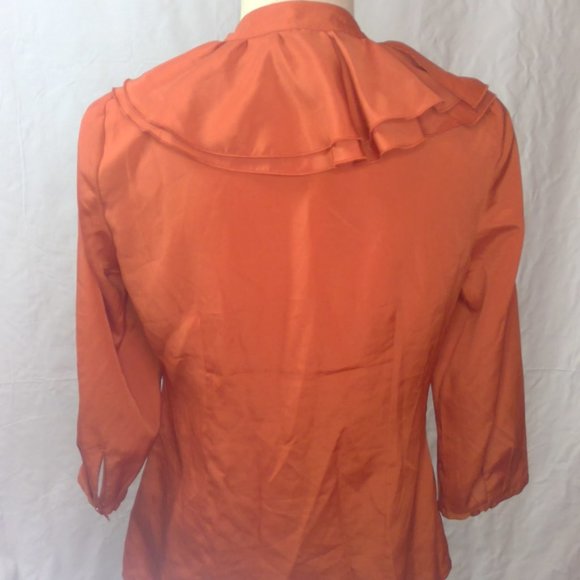 Burnt Orange Big Asymmetrical Ruffle Collar 3/4 Sleeve Blouse - Picture 3 of 6